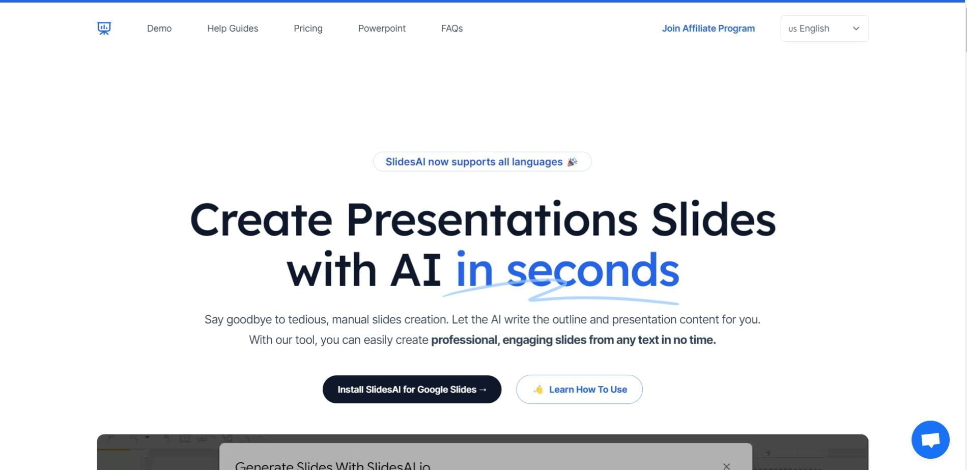 SlidesAI is an AI PowerPoint presentation tool designed to work seamlessly with Google Slides. It automates the process of creating presentations, allowing users to generate slide content and outlines. 