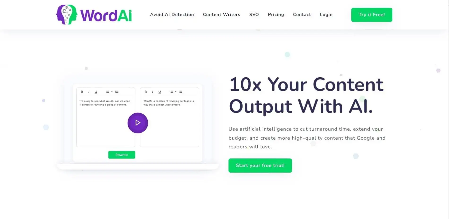 WordAI is an AI paraphrasing tool that can rephrase your content, detect AI content and, improve SEO with AI and machine learning models.